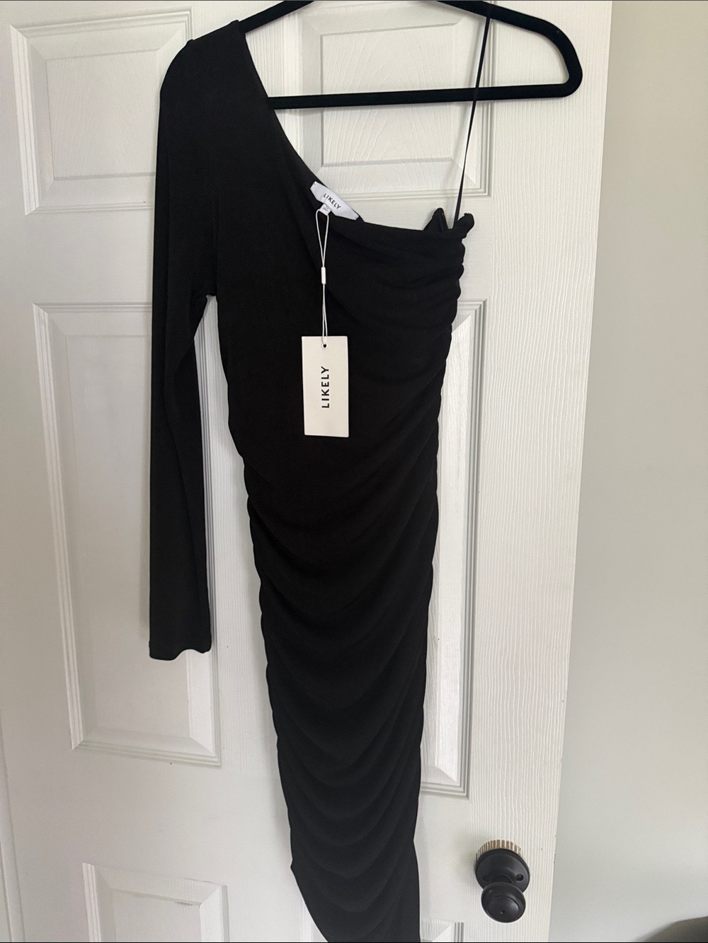 Likely Black One-Shoulder Ruched Asymmetric Midi Dress